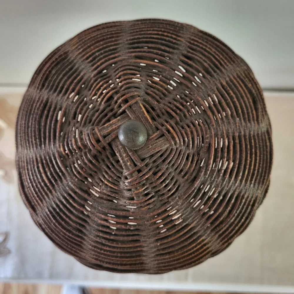 Antique Vintage Art Deco Mushroom Wicker Table Lamp Woven Rattan Brown 18